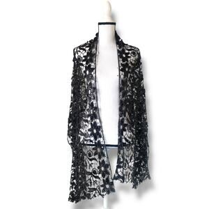 Jones New York Black Sequin Embellish Floral Crochet Lace Shawl Wrap Holiday